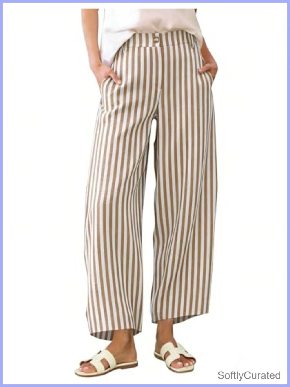 Striped Wide Leg Barrel Pants Rayon Tencel Ankle Crop Palazzo Trousers